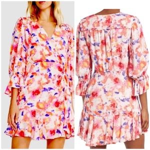 Betsey Johnson Sunset Floral Ruffled wrap Dress/Pink Yarrow